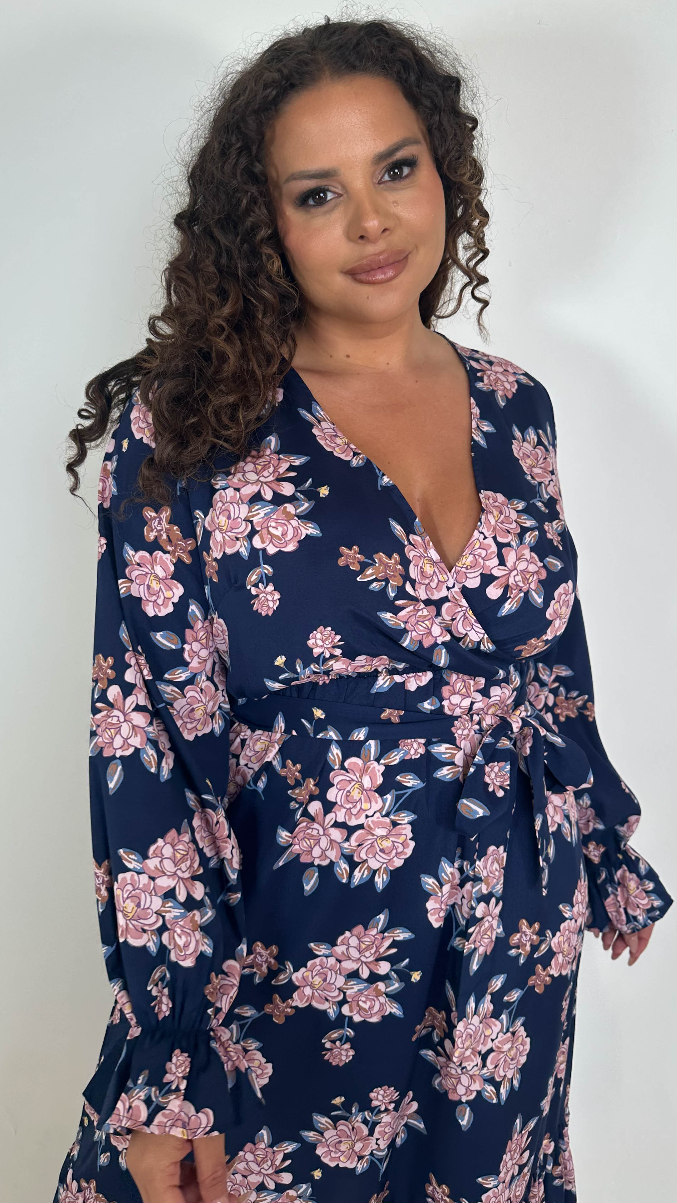 CurveWow Long Sleeve Floral Wrap Midaxi Dress Navy/Pink