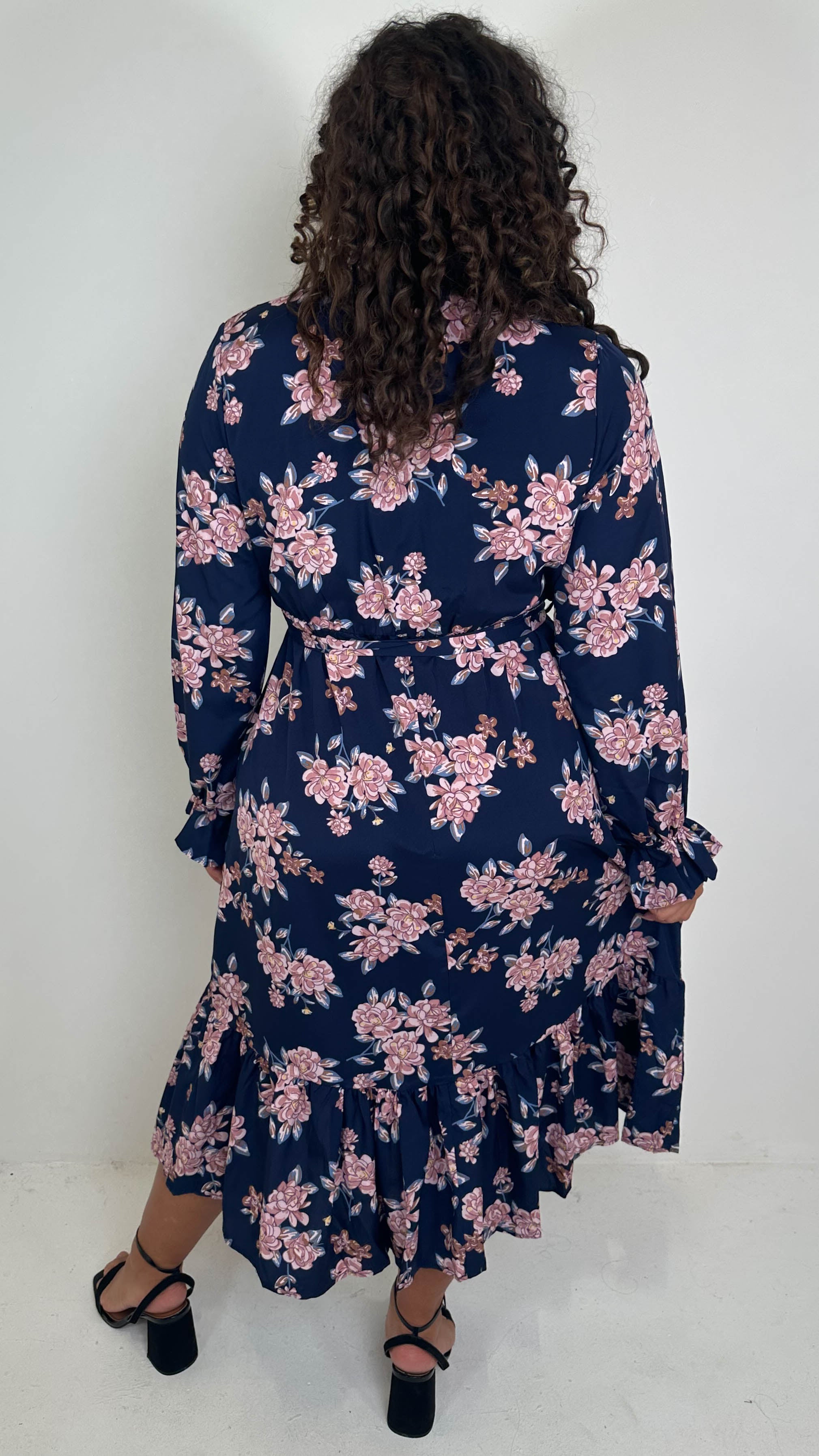 CurveWow Long Sleeve Floral Wrap Midaxi Dress Navy/Pink