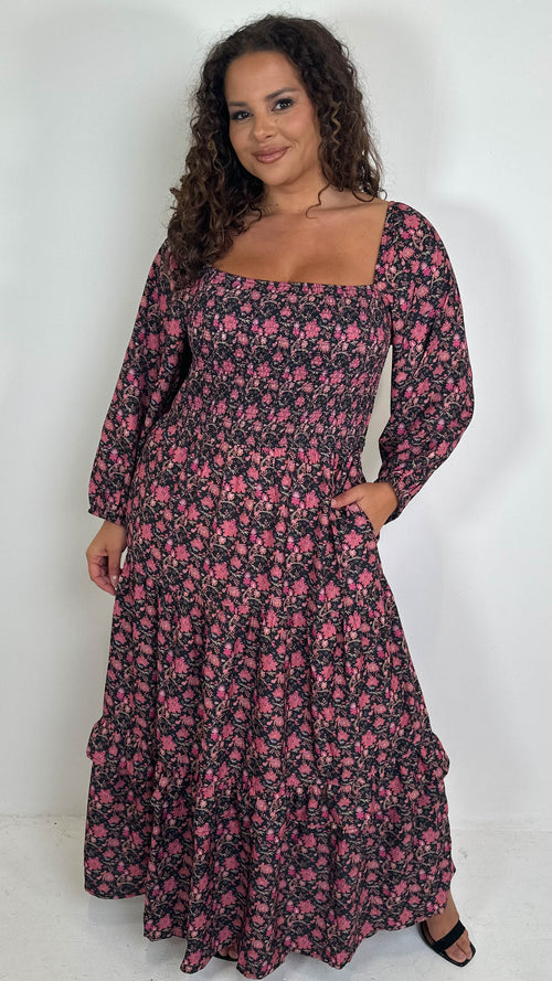CurveWow Shirred Top Maxi Dress Red Floral