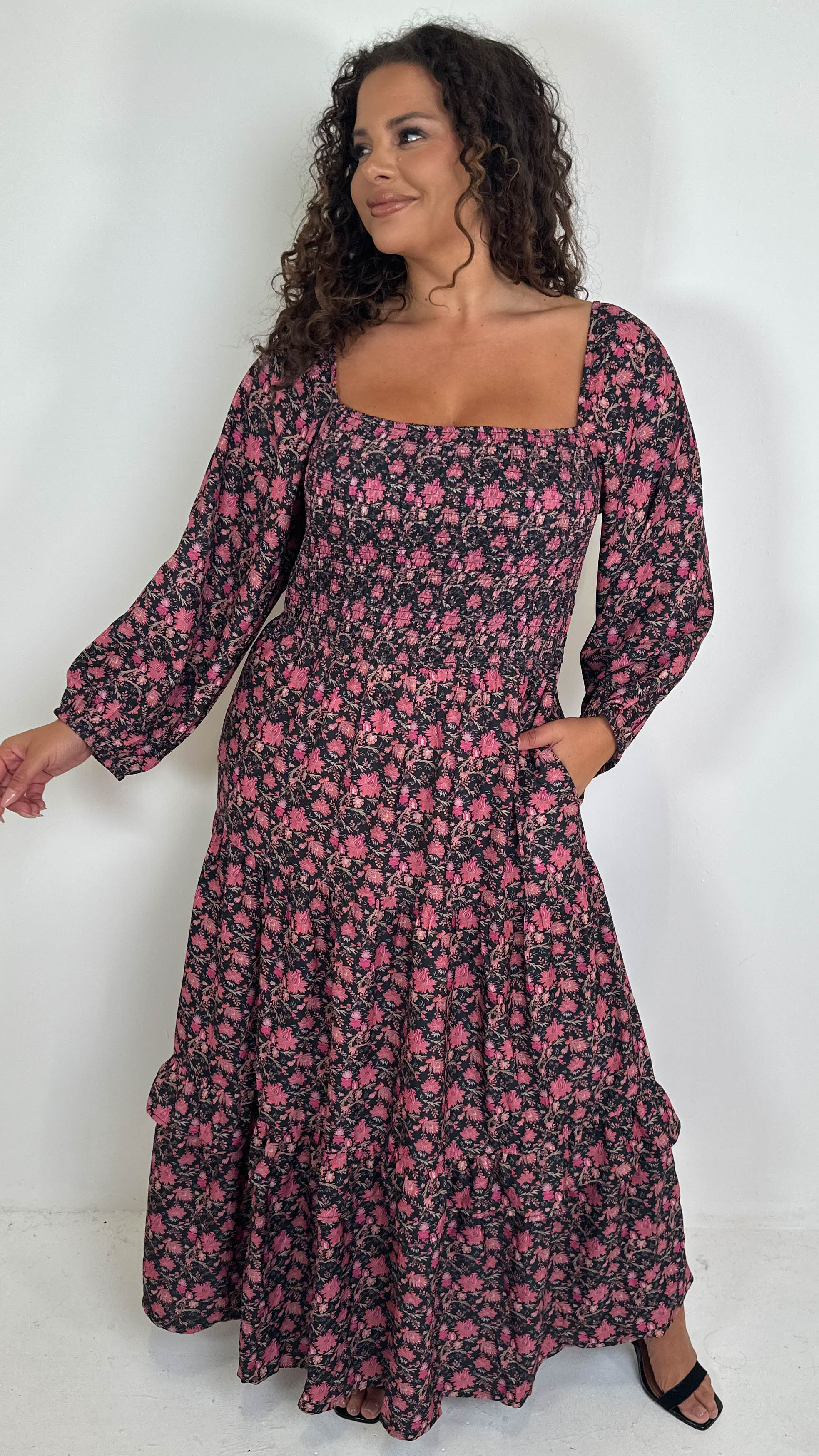 CurveWow Shirred Top Maxi Dress Red Floral