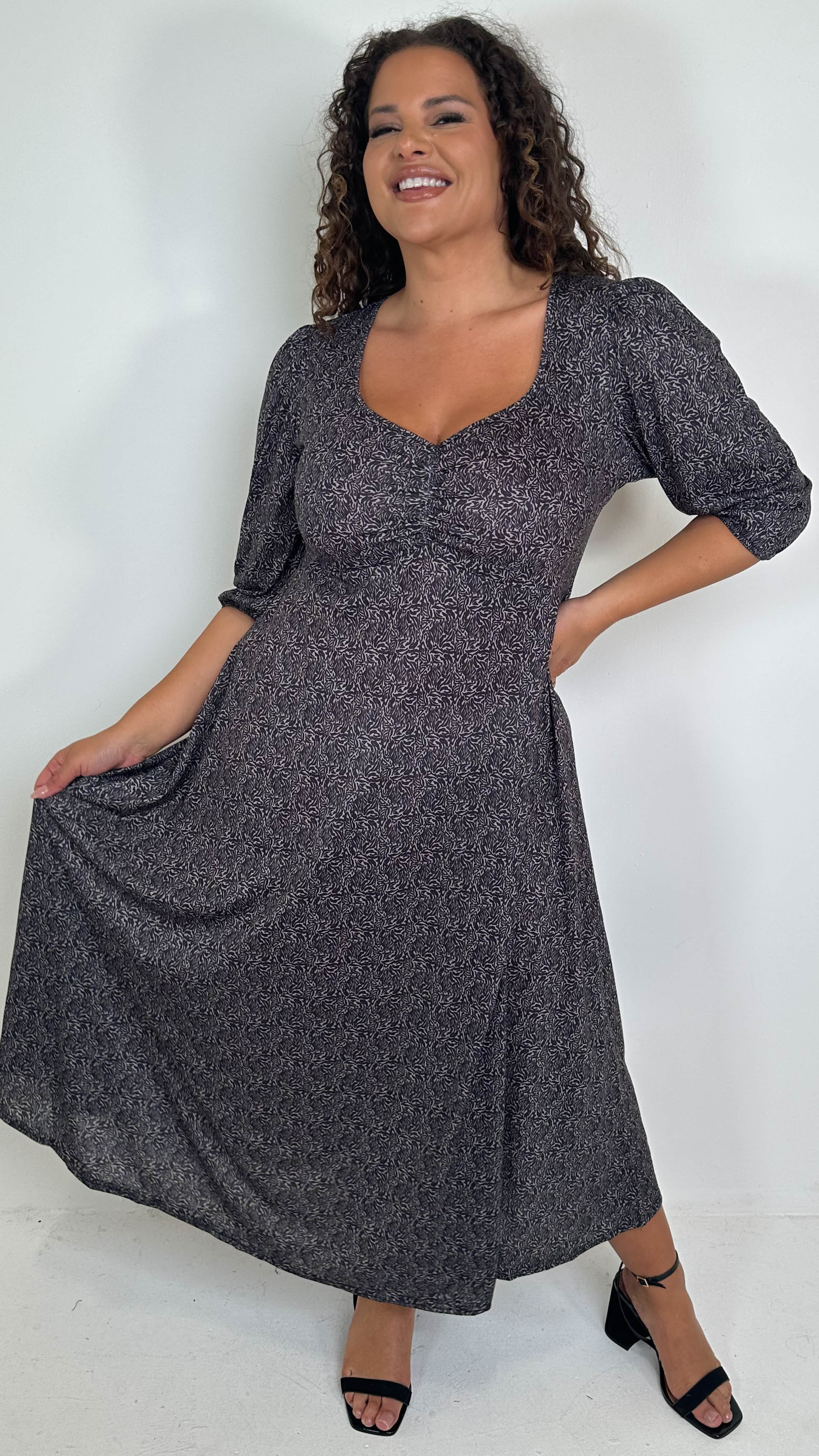 CurveWow Sweetheart Split Front Midaxi Dress Brown Animal