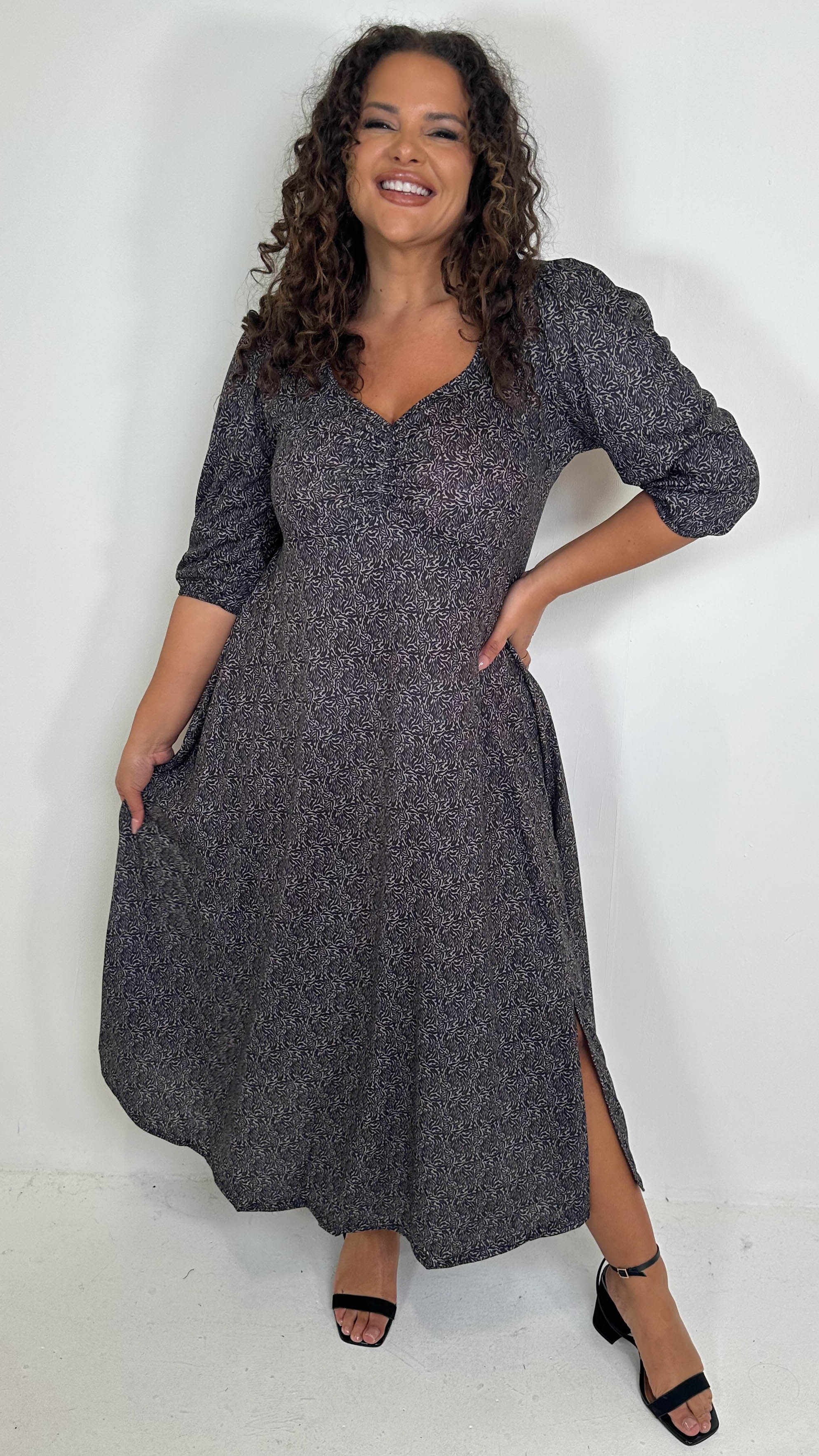 CurveWow Sweetheart Split Front Midaxi Dress Brown Animal