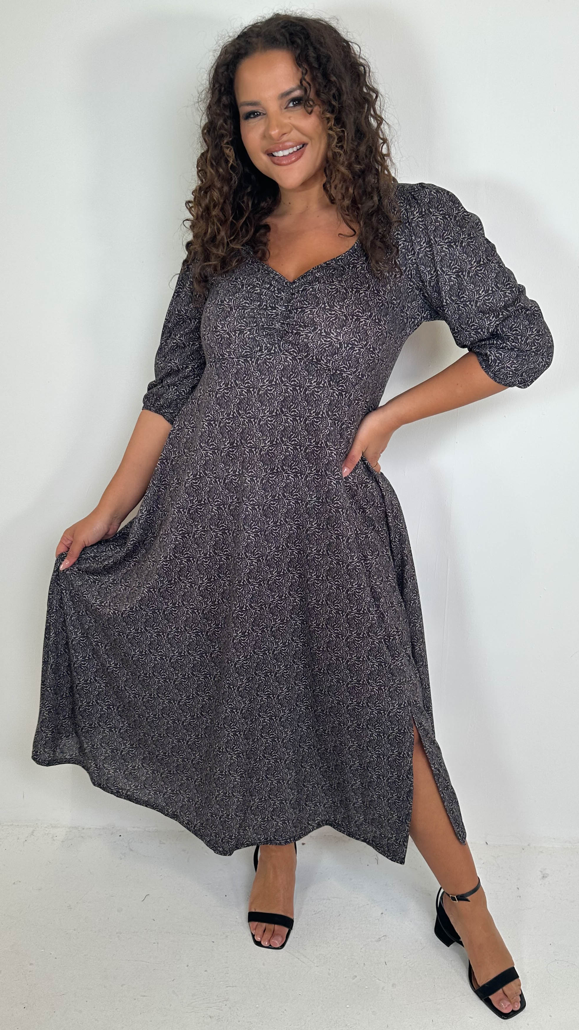 CurveWow Sweetheart Split Front Midaxi Dress Brown Animal