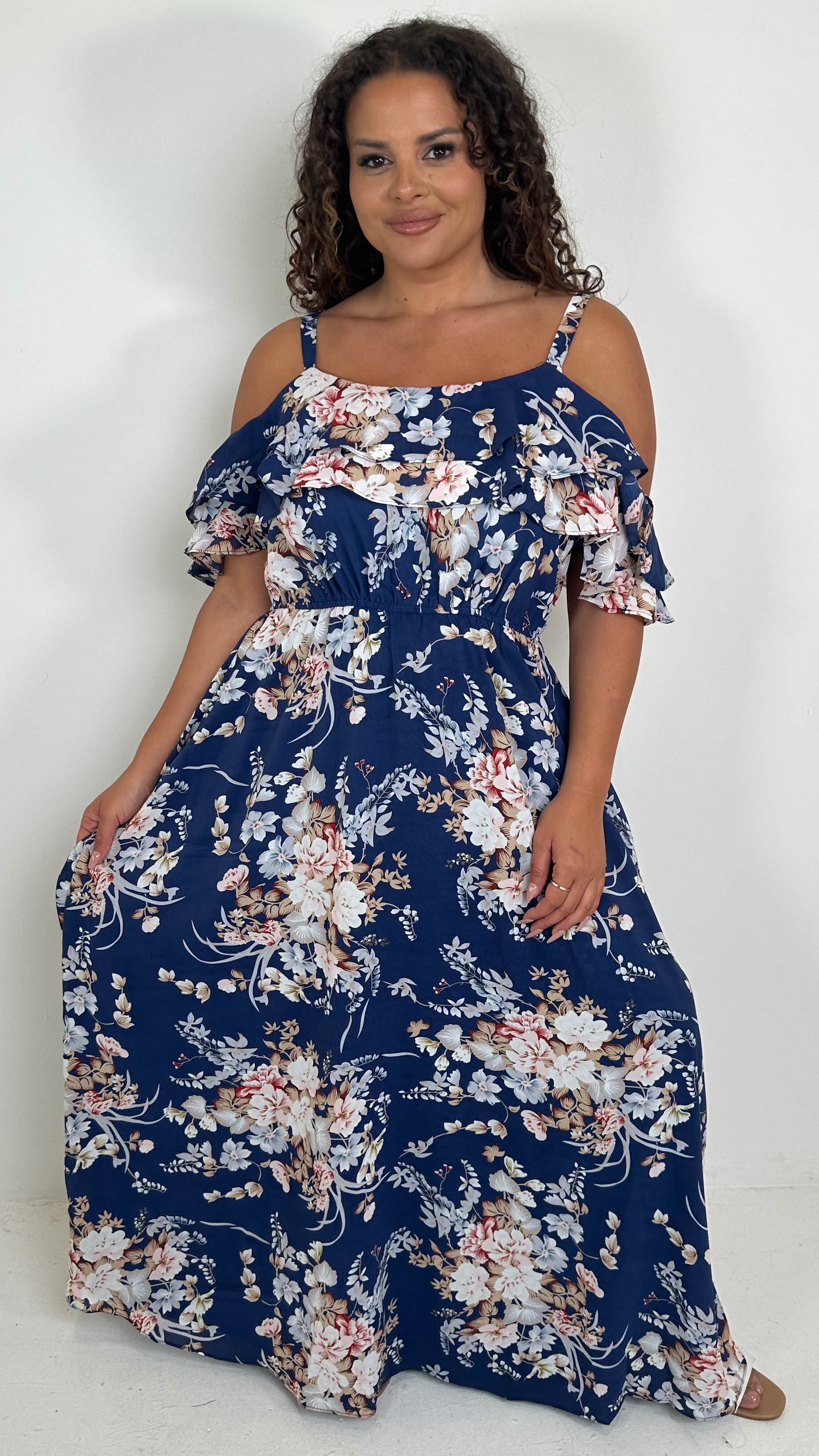 CurveWow Ruffle Cold Shoulder Maxi Dress Navy Floral Curvewow CurveWow Ruffle Cold Shoulder Maxi Dress Navy Floral Curvewow