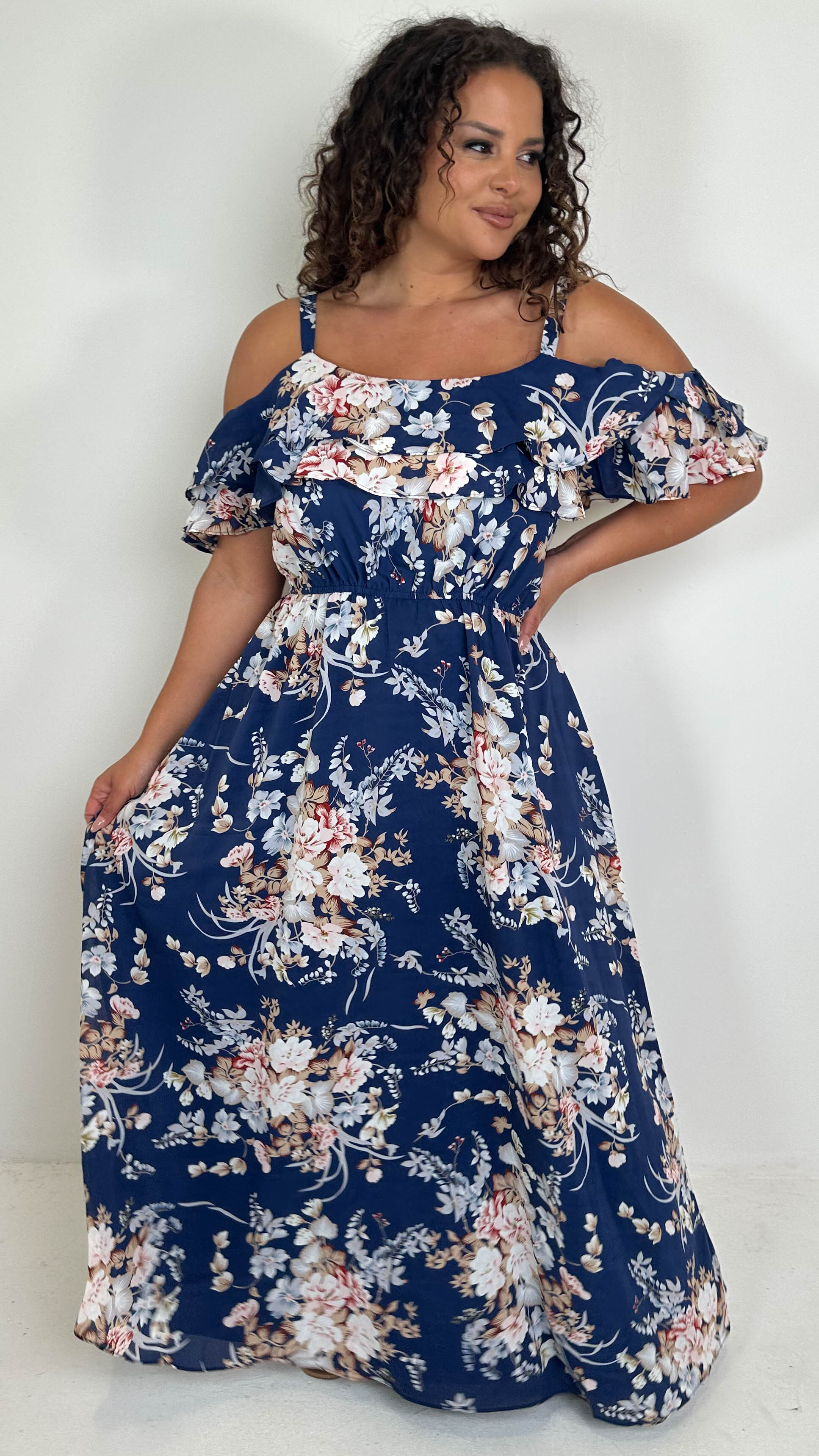 CurveWow Ruffle Cold Shoulder Maxi Dress Navy Floral