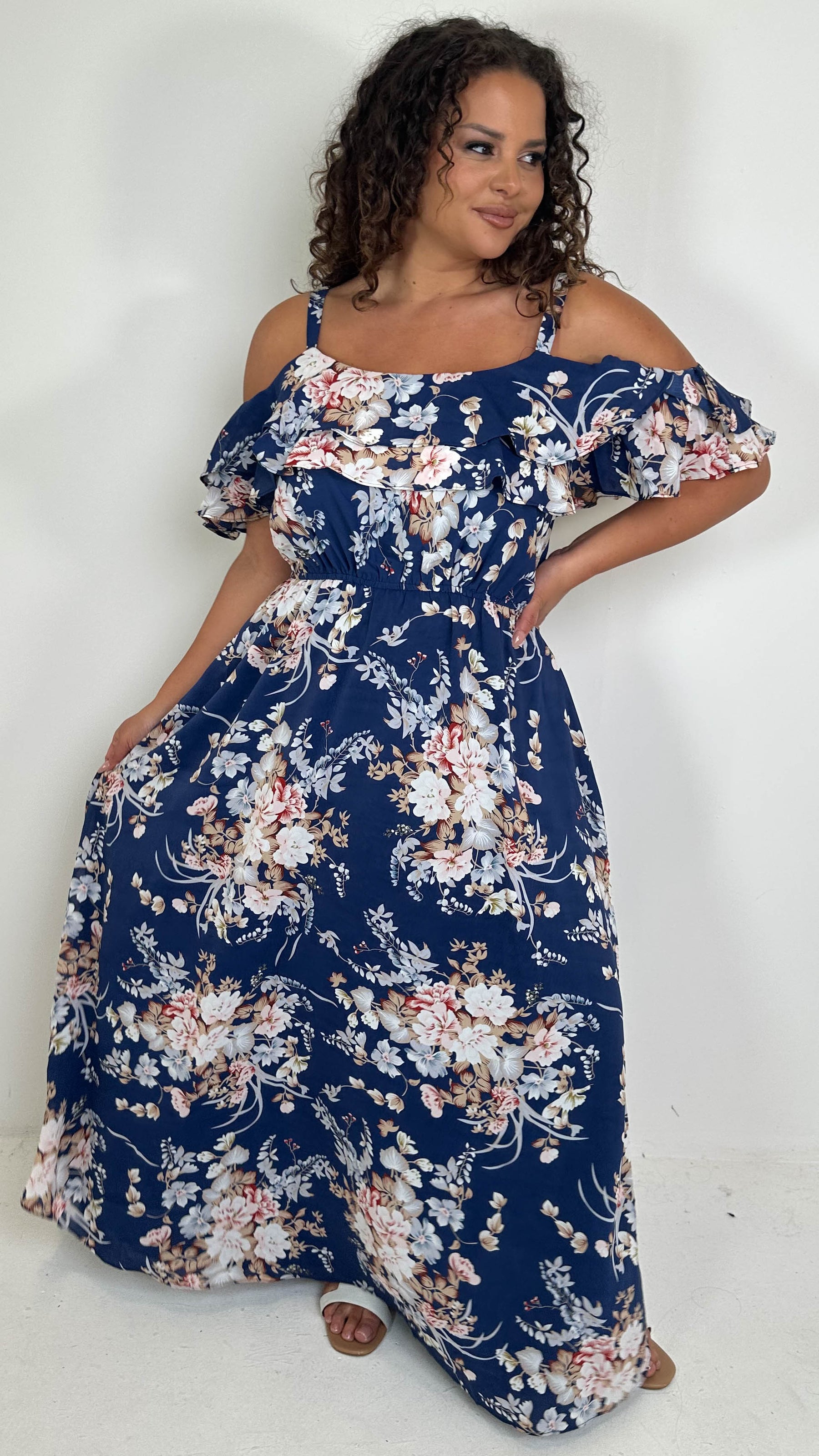 CurveWow Ruffle Cold Shoulder Maxi Dress Navy Floral Curvewow CurveWow Ruffle Cold Shoulder Maxi Dress Navy Floral Curvewow