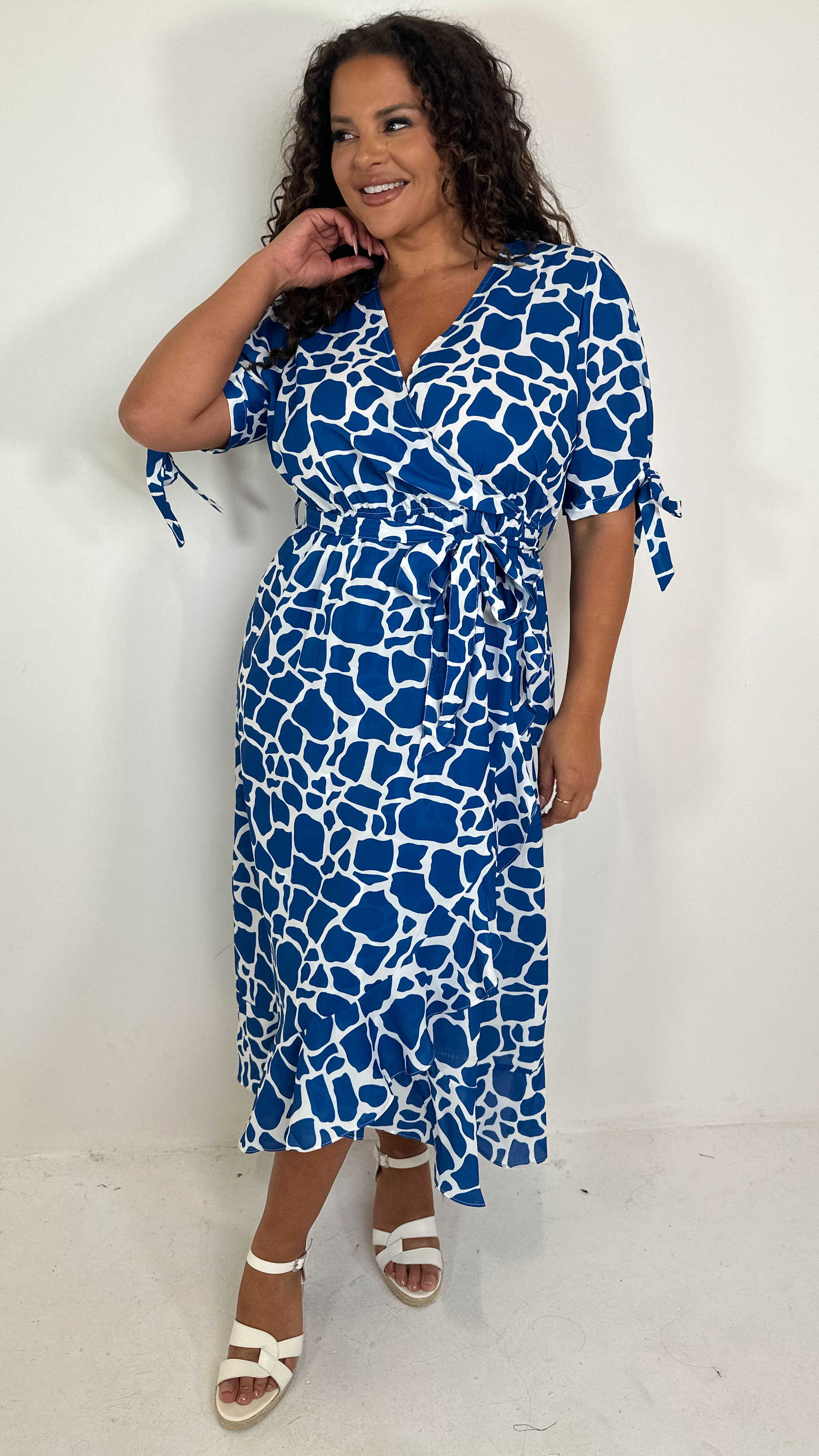 CurveWow Tie Sleeve Wrap Dress Blue – Curvewow CurveWow Tie Sleeve Wrap Dress Blue – Curvewow