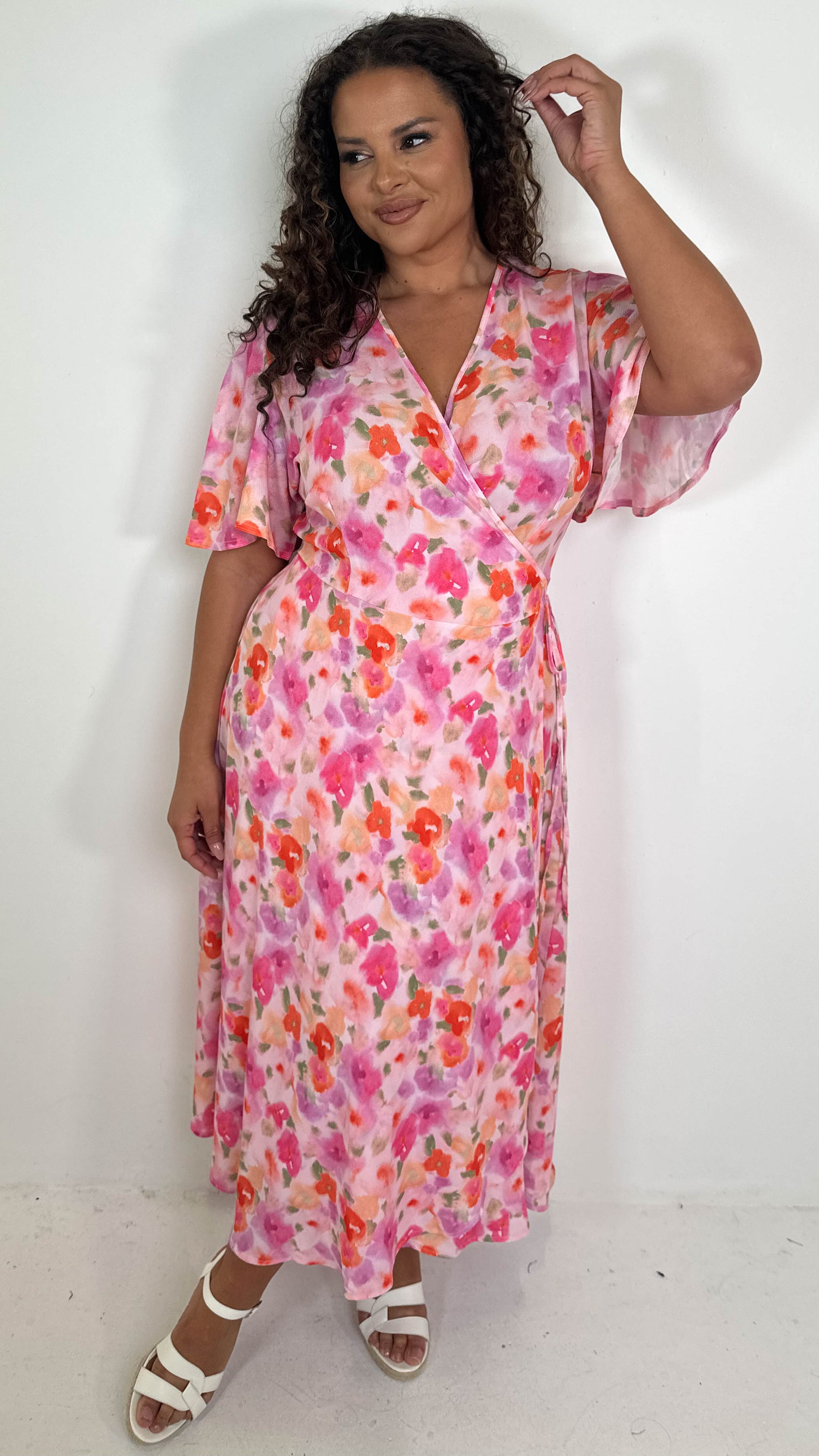 CurveWow Angel Sleeve Wrap Dress Pink Multi Floral – Curvewow CurveWow Angel Sleeve Wrap Dress Pink Multi Floral – Curvewow