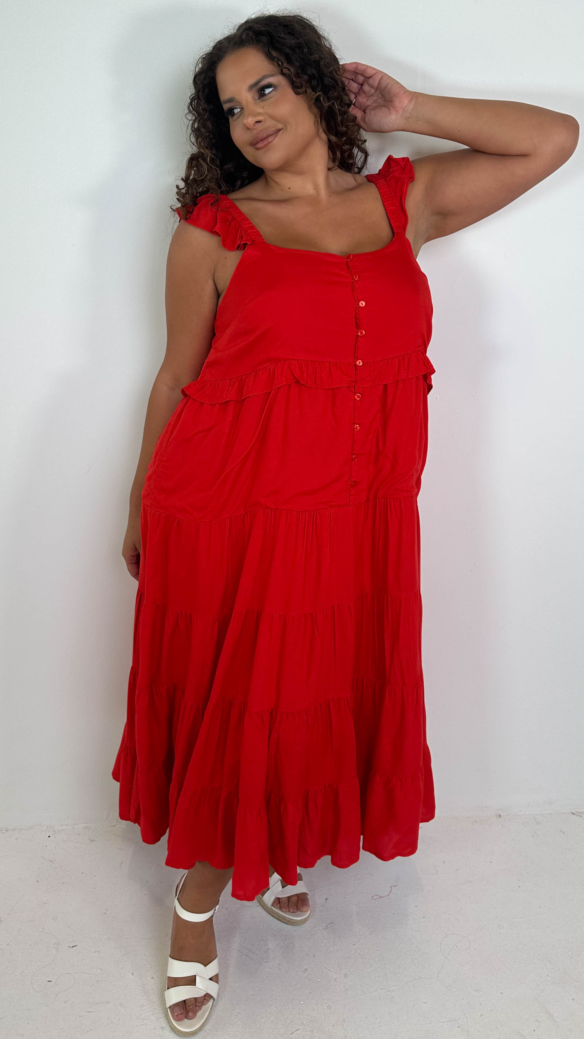 CurveWow Tiered Maxi Dress Red