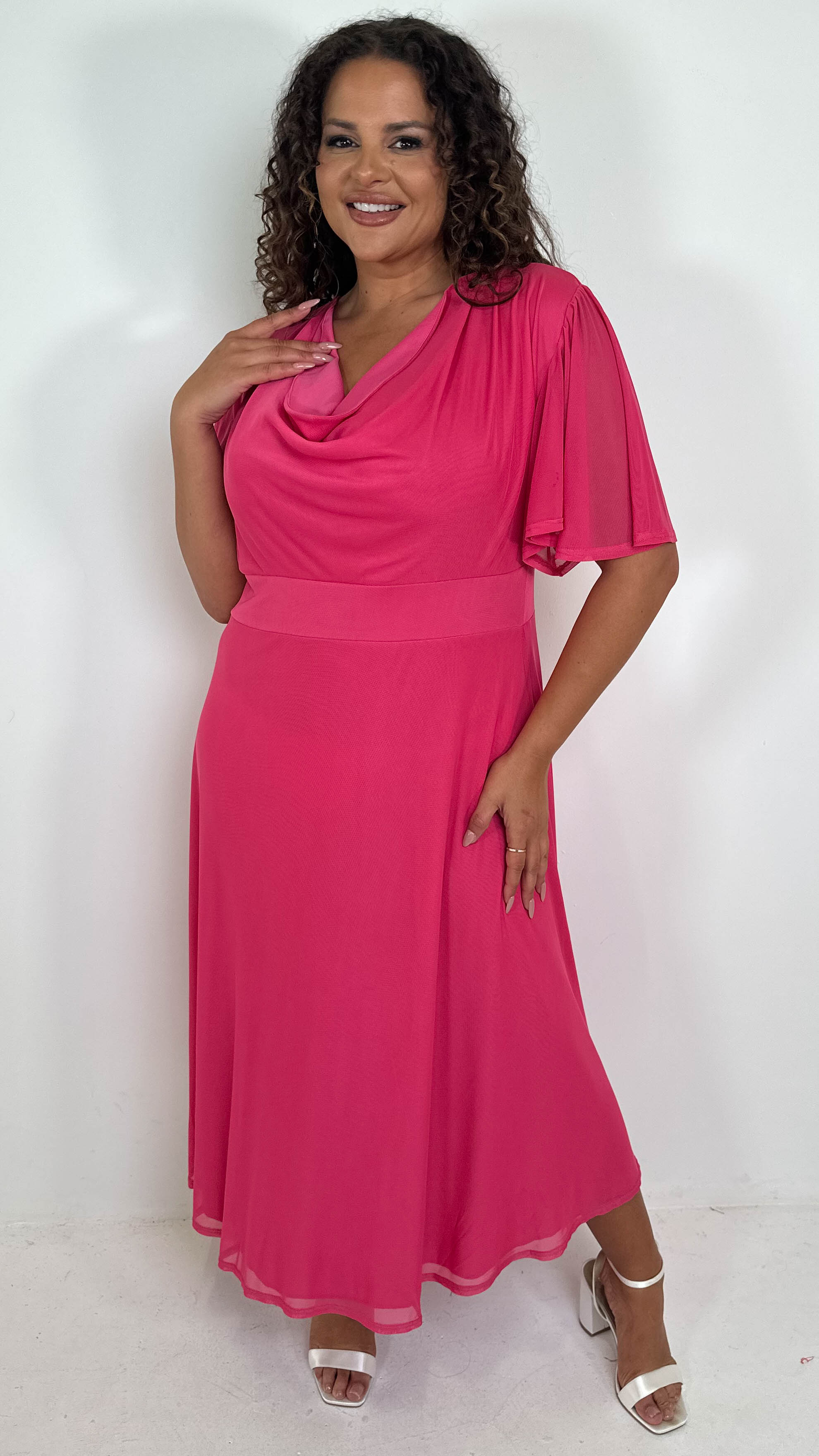 CurveWow Cowl Neck Mesh Angel Sleeve Dress Cerise