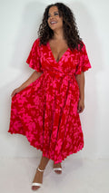 CurveWow Short Sleeve Pleated Wrap Dress Red Print