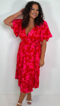 CurveWow Short Sleeve Pleated Wrap Dress Red Print