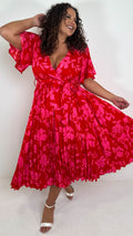 CurveWow Short Sleeve Pleated Wrap Dress Red Print