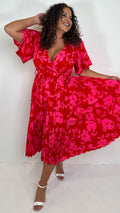 CurveWow Short Sleeve Pleated Wrap Dress Red Print