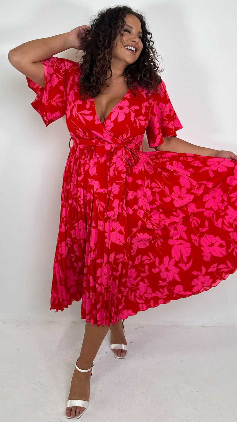 CurveWow Short Sleeve Pleated Wrap Dress Red Print