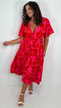 CurveWow Short Sleeve Pleated Wrap Dress Red Print