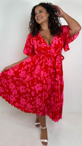 CurveWow Short Sleeve Pleated Wrap Dress Red Print