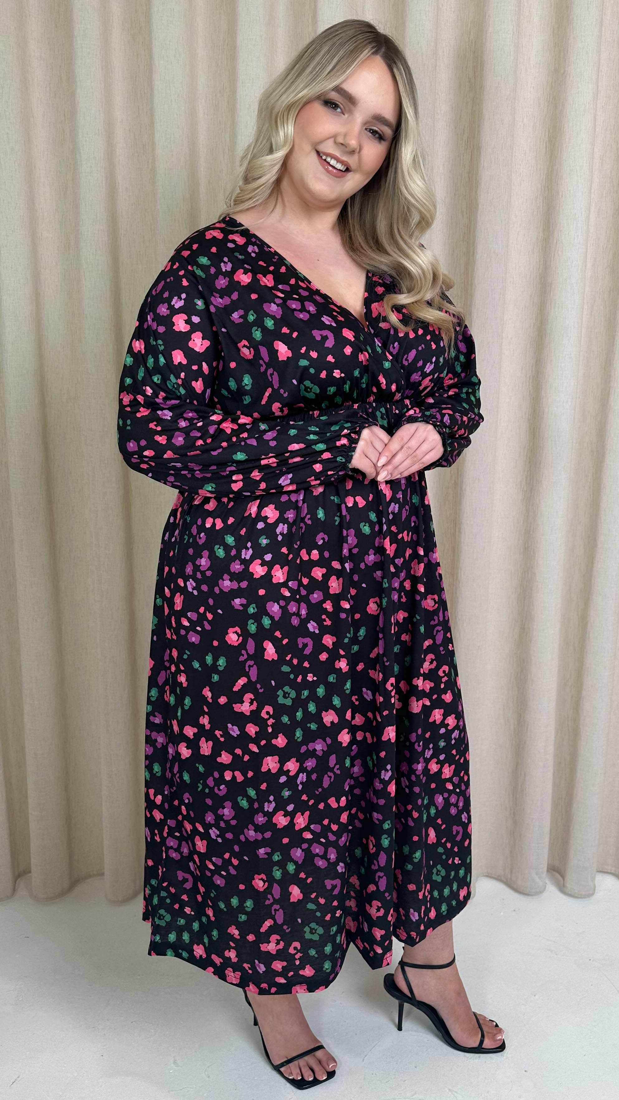 CurveWow Wrap Balloon Sleeve Midaxi Dress Multi Animal