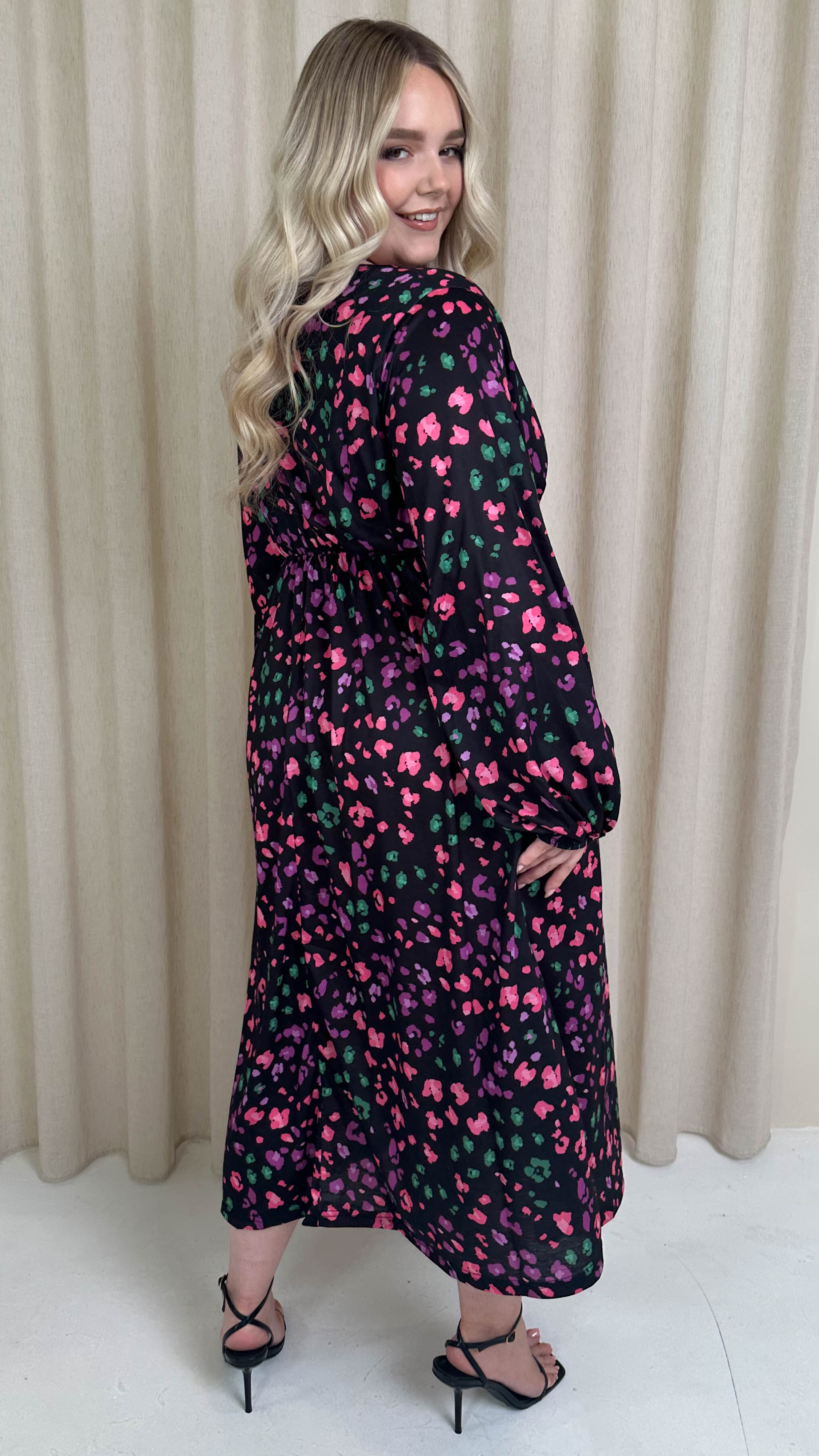 CurveWow Wrap Balloon Sleeve Midaxi Dress Multi Animal