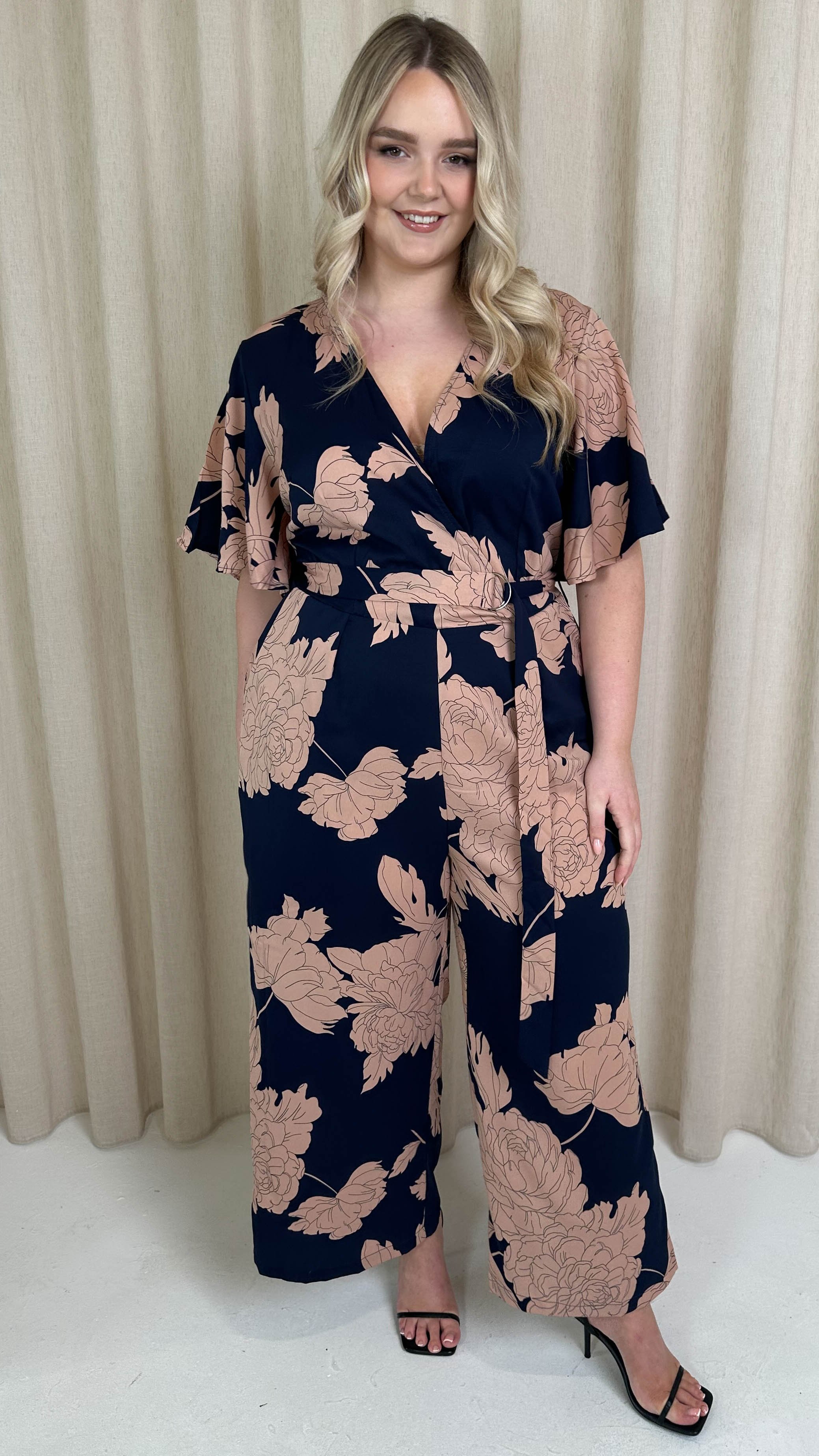 CurveWow Angel Sleeve Culotte Jumpsuit Pink Floral