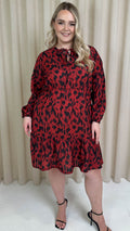 CurveWow Tie Neck Tiered Mini Dress Red Animal