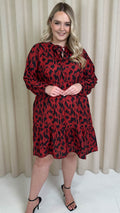 CurveWow Tie Neck Tiered Mini Dress Red Animal
