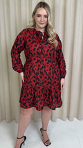 CurveWow Tie Neck Tiered Mini Dress Red Animal