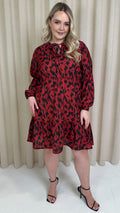 CurveWow Tie Neck Tiered Mini Dress Red Animal