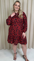 CurveWow Tie Neck Tiered Mini Dress Red Animal