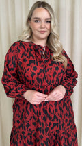 CurveWow Tie Neck Tiered Mini Dress Red Animal