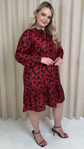 CurveWow Tie Neck Tiered Mini Dress Red Animal