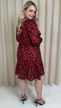 CurveWow Tie Neck Tiered Mini Dress Red Animal