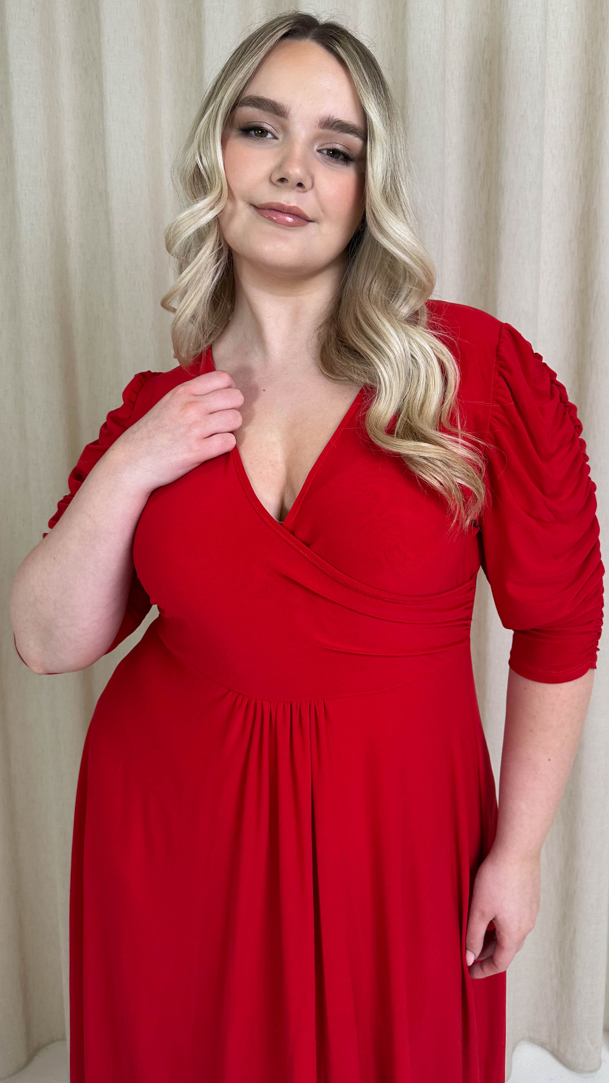 CurveWow 3/4 Balloon Sleeve Wrap Midi Dress Red