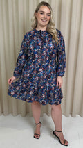 CurveWow Tie Neck Tiered Mini Dress Multi Floral