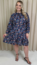 CurveWow Tie Neck Tiered Mini Dress Multi Floral