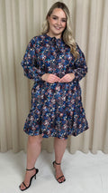 CurveWow Tie Neck Tiered Mini Dress Multi Floral