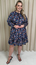 CurveWow Tie Neck Tiered Mini Dress Multi Floral
