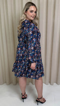 CurveWow Tie Neck Tiered Mini Dress Multi Floral