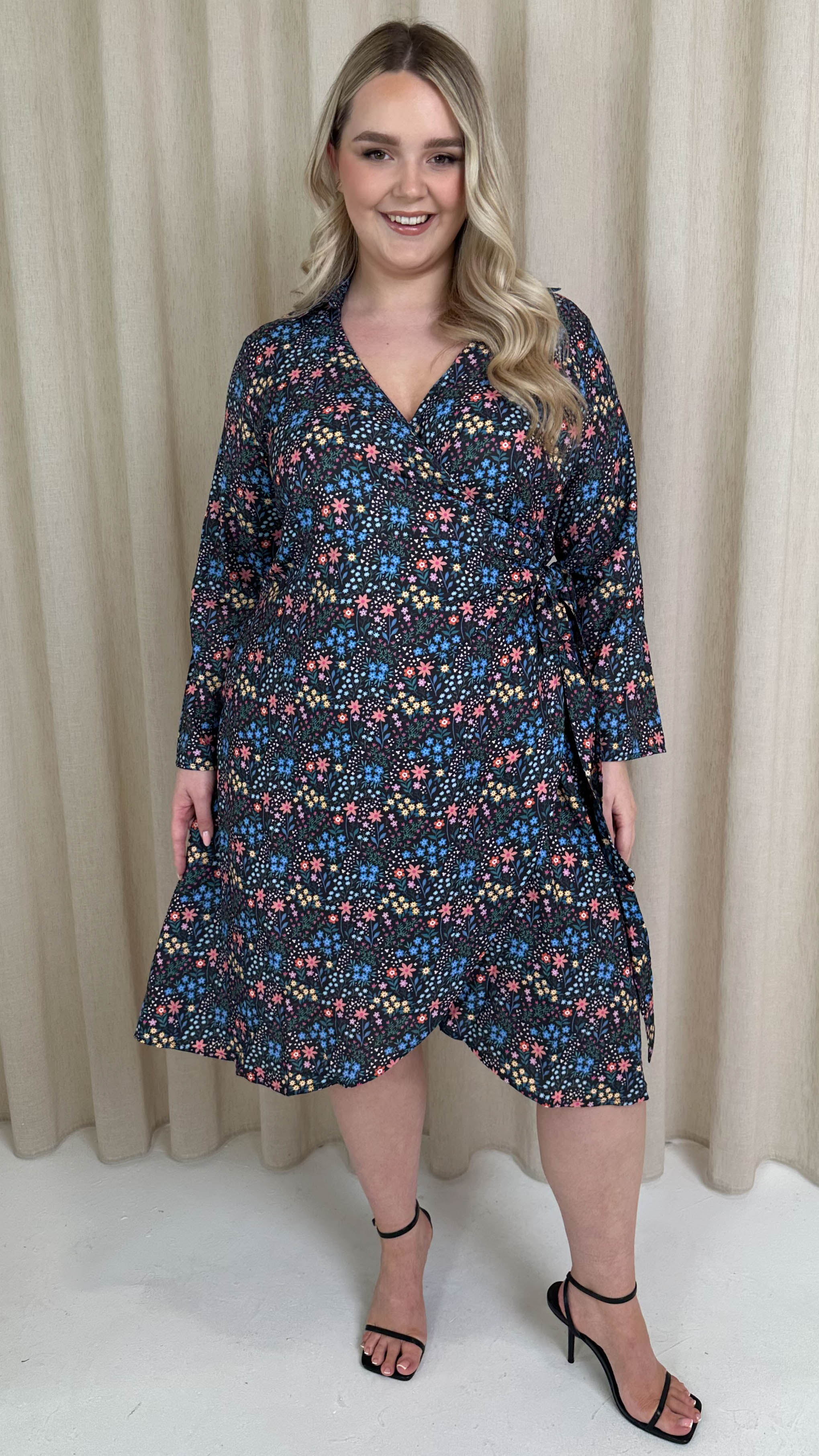 CurveWow Wrap Shirt Dress Black Multi Floral