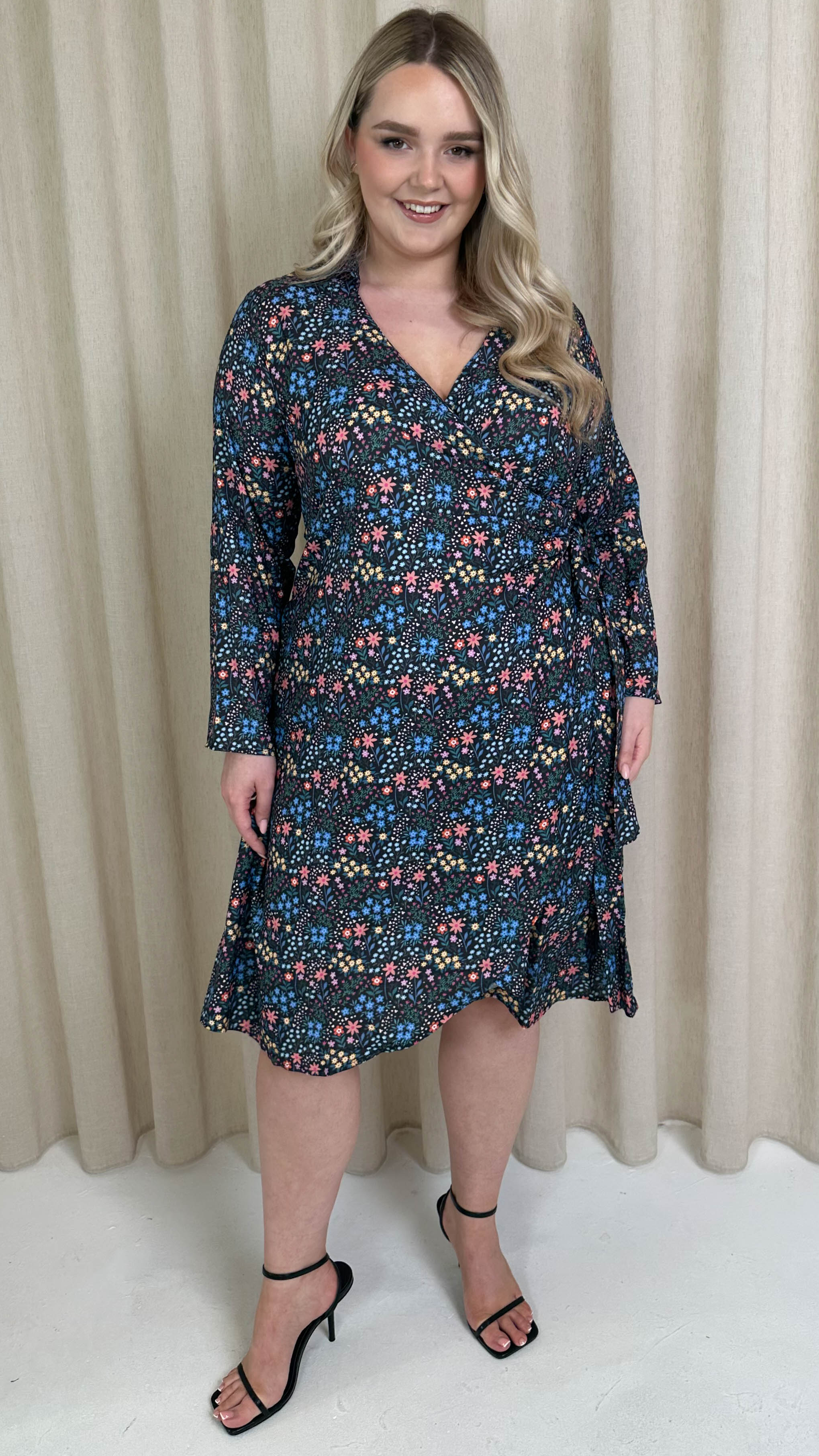 CurveWow Wrap Shirt Dress Black Multi Floral