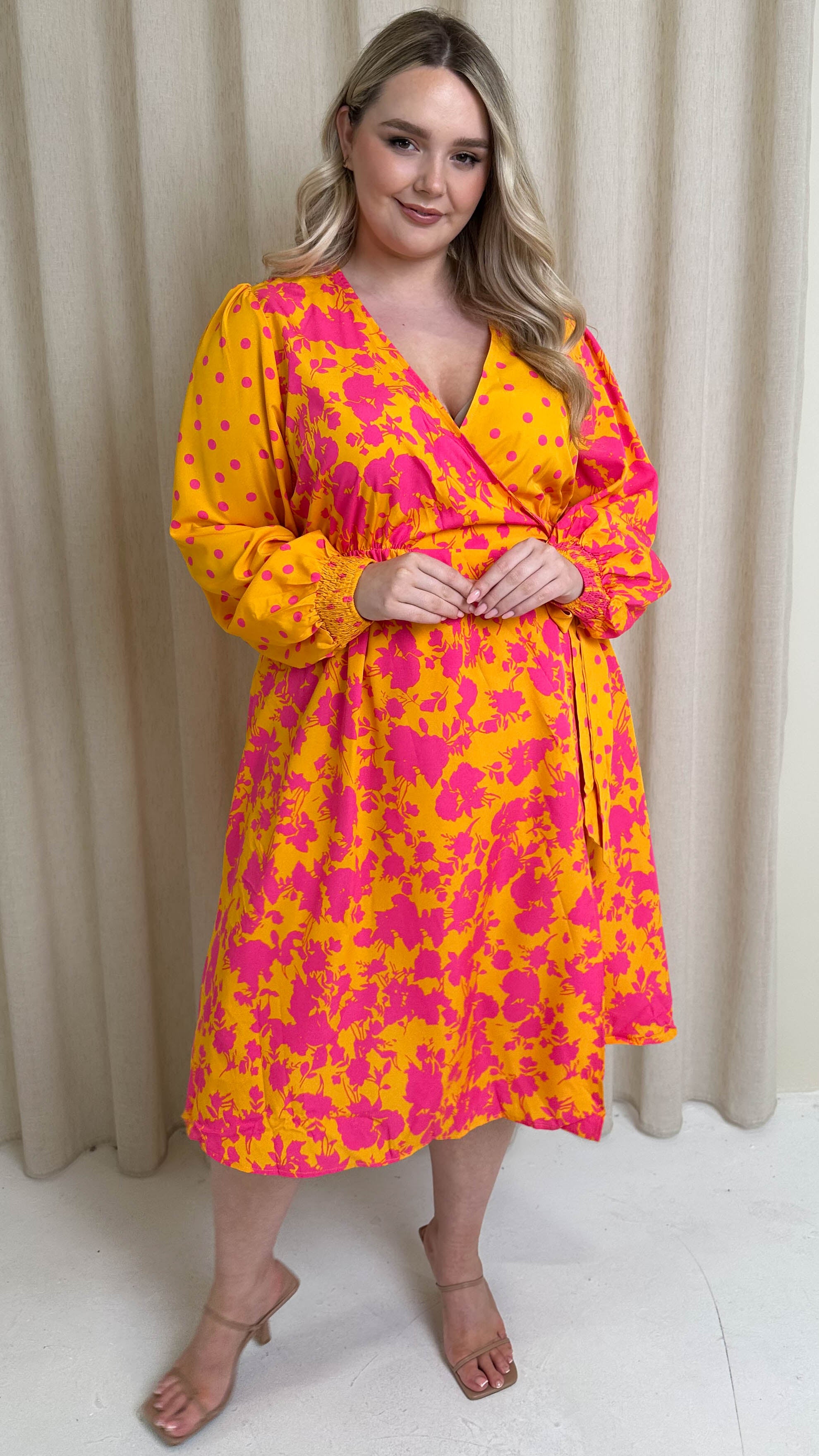 CurveWow Splice Wrap Midi Dress Pink/Orange
