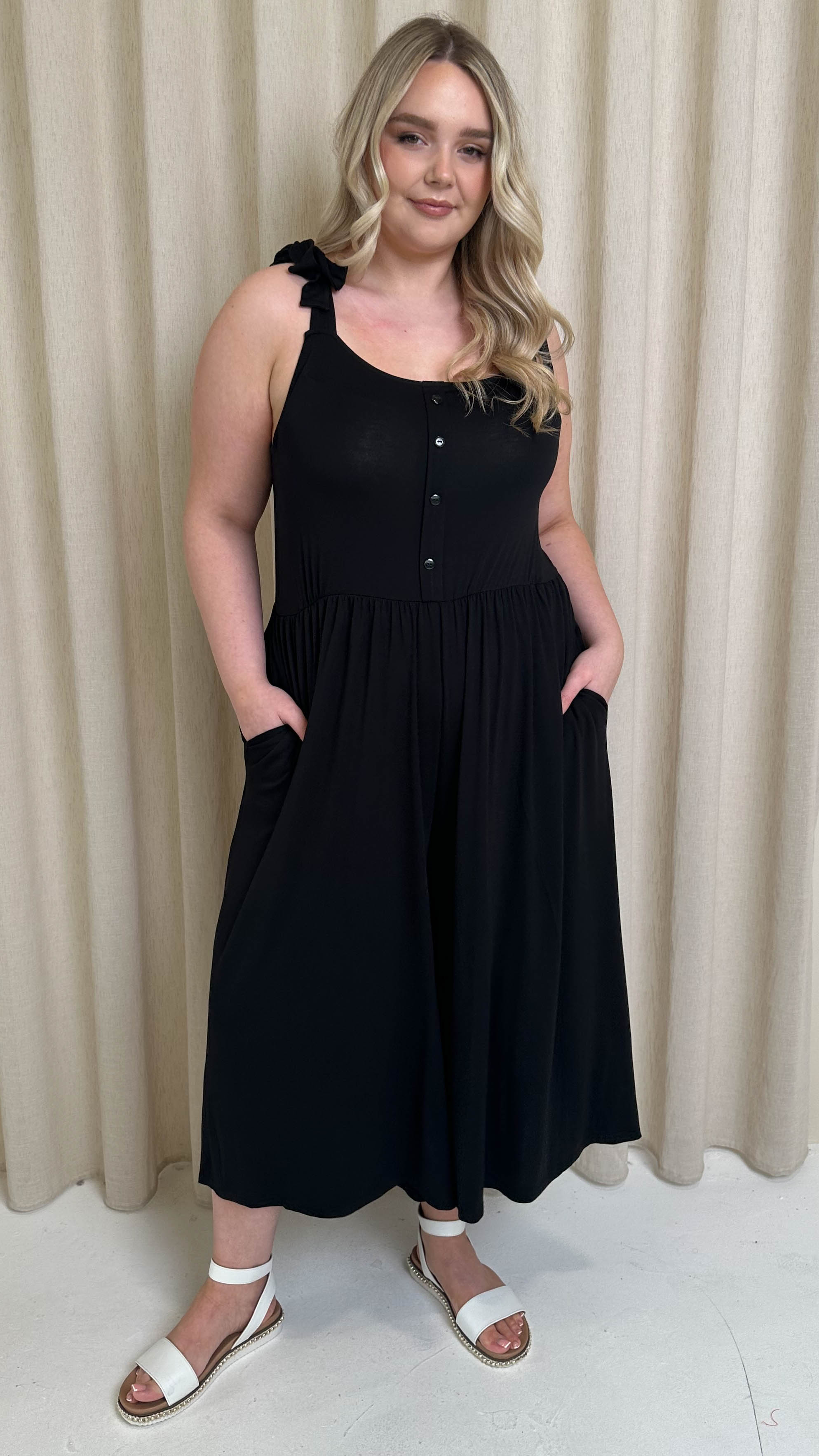 CurveWow Tie Strap Culotte Jumpsuit Black