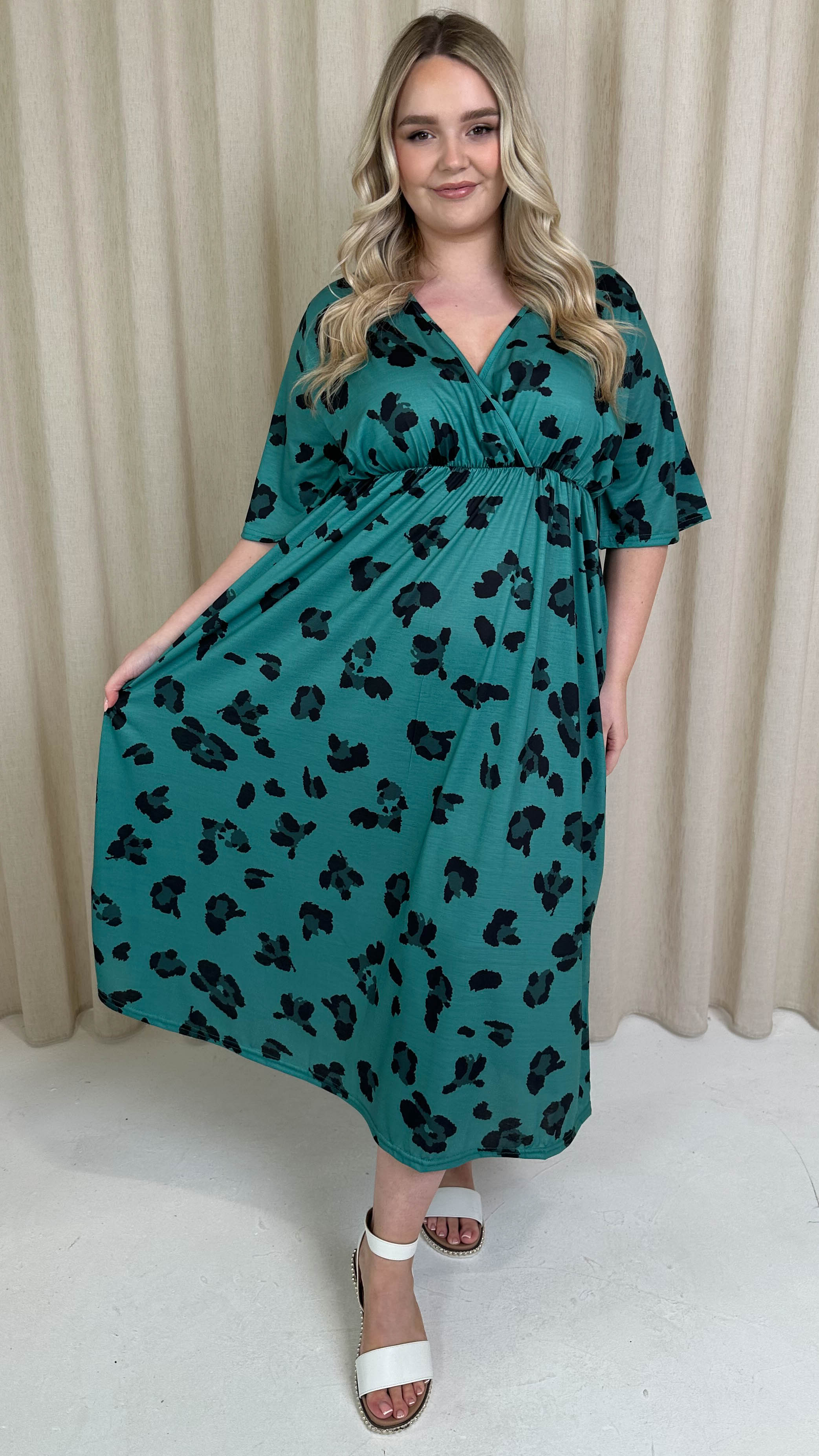CurveWow Wrap Midi Dress Green Leopard