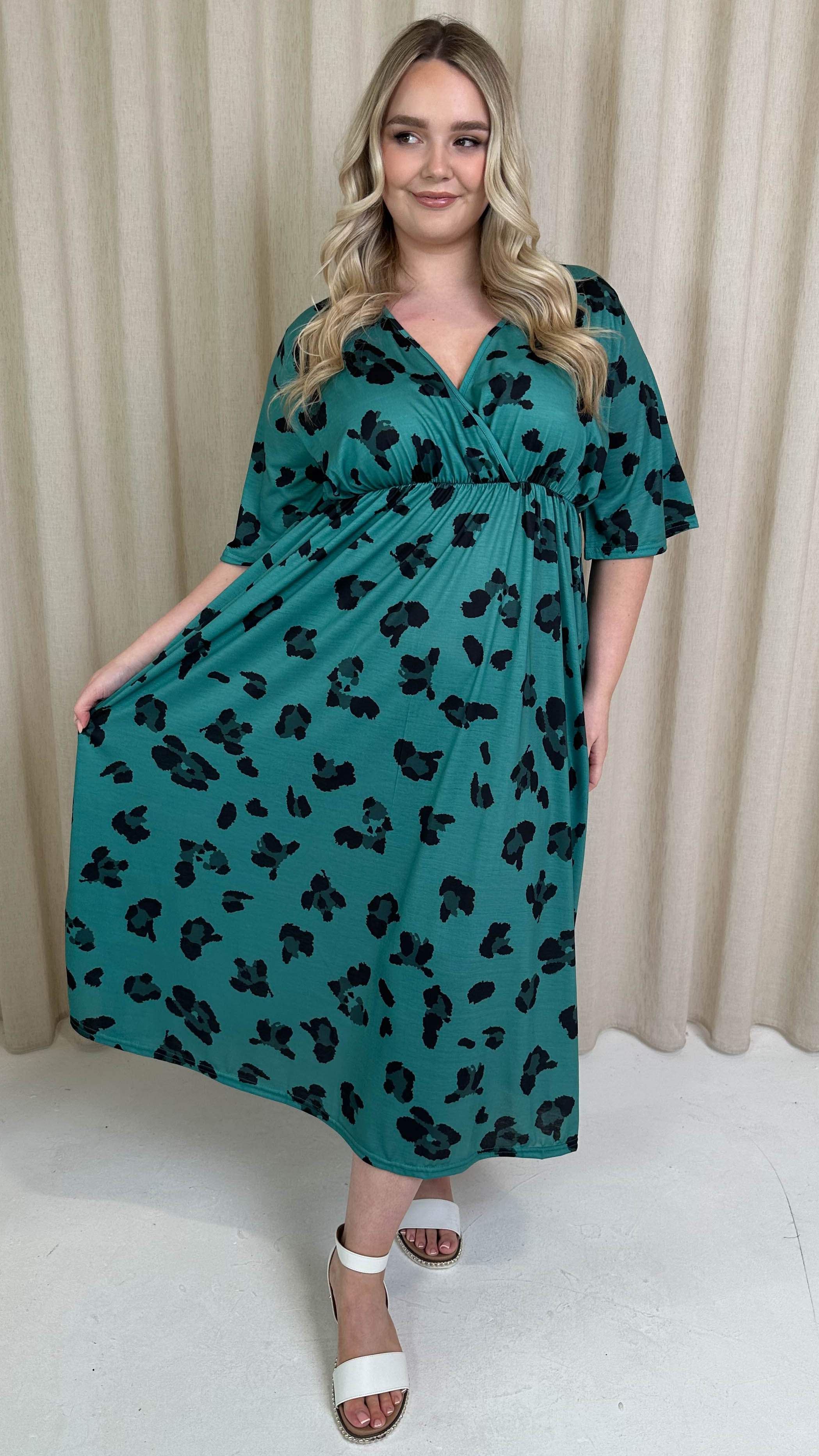 CurveWow Wrap Midi Dress Green Leopard