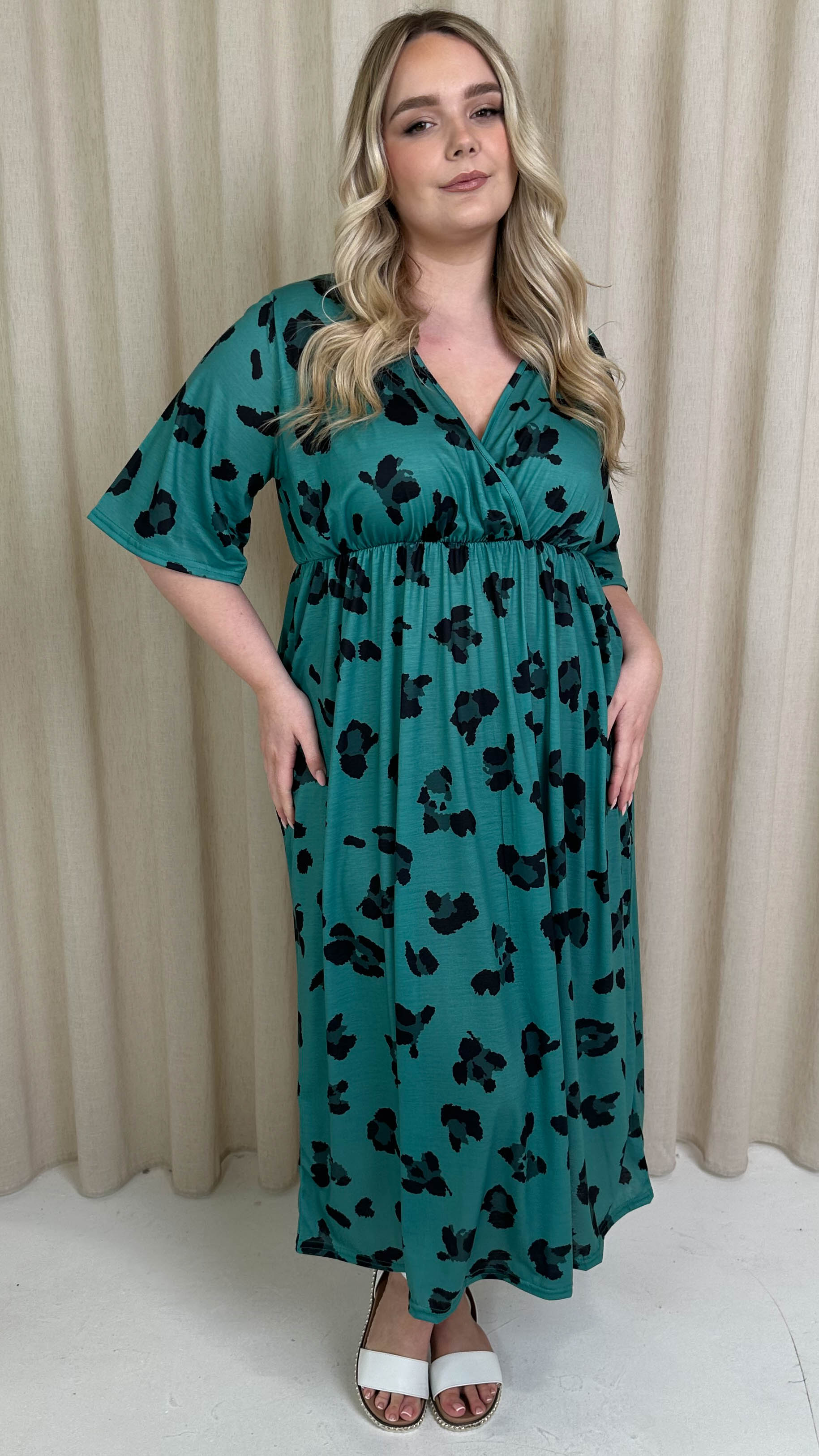 CurveWow Wrap Midi Dress Green Leopard