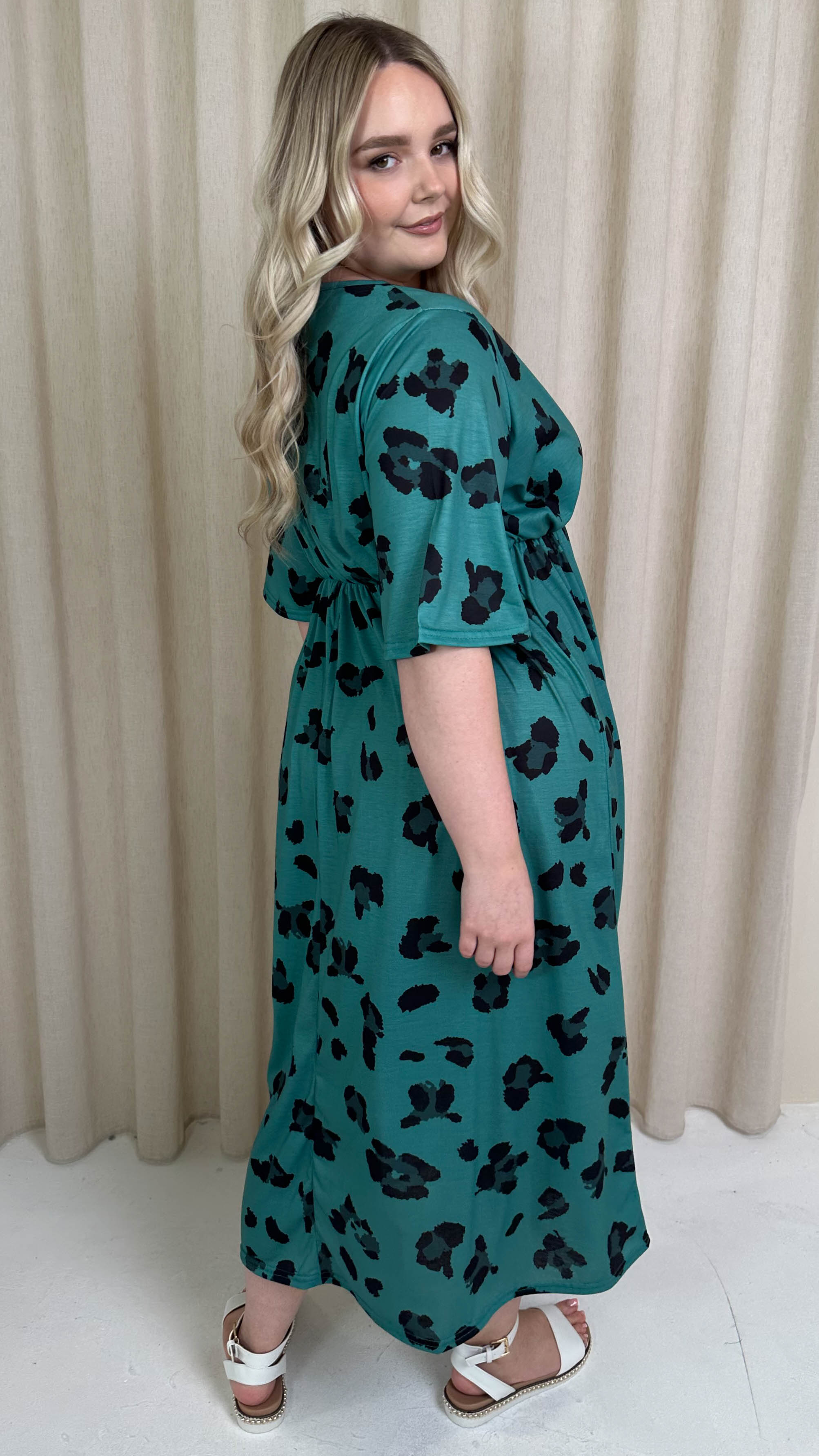CurveWow Wrap Midi Dress Green Leopard