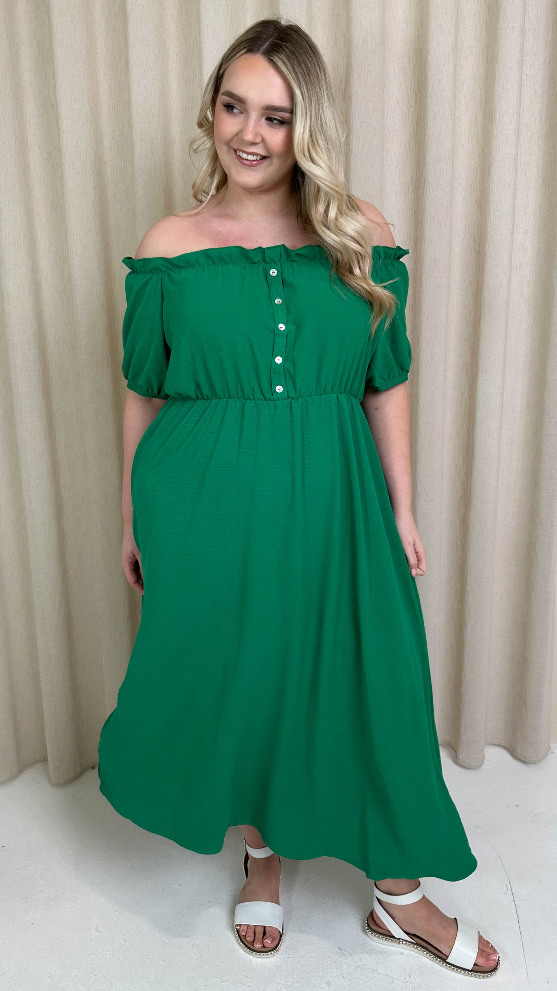 CurveWow Bardot Midi Dress Jade Green Curvewow CurveWow Bardot Midi Dress Jade Green Curvewow