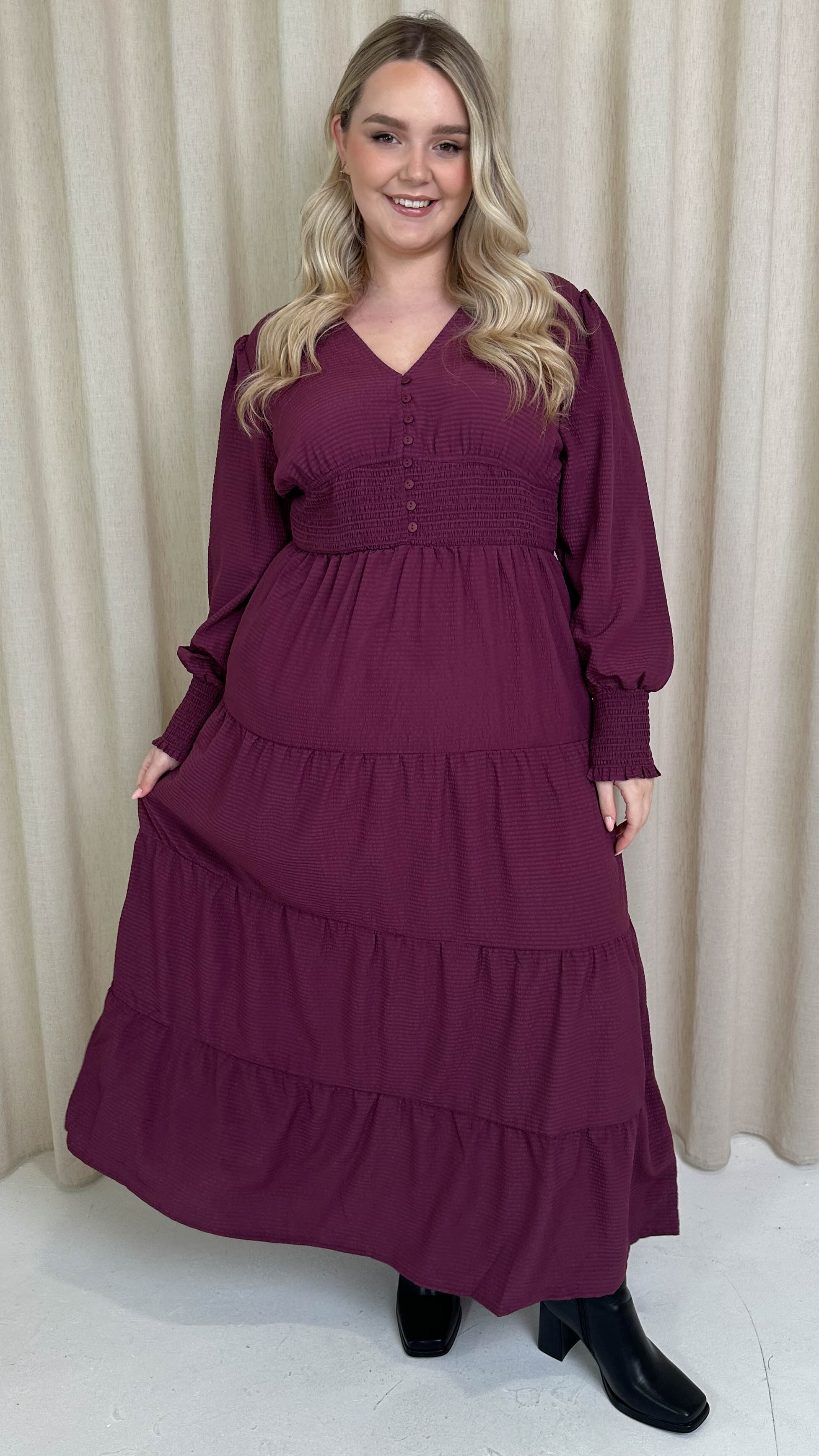 CurveWow Textured Button Front Shirred Waist Maxi Dress Plum