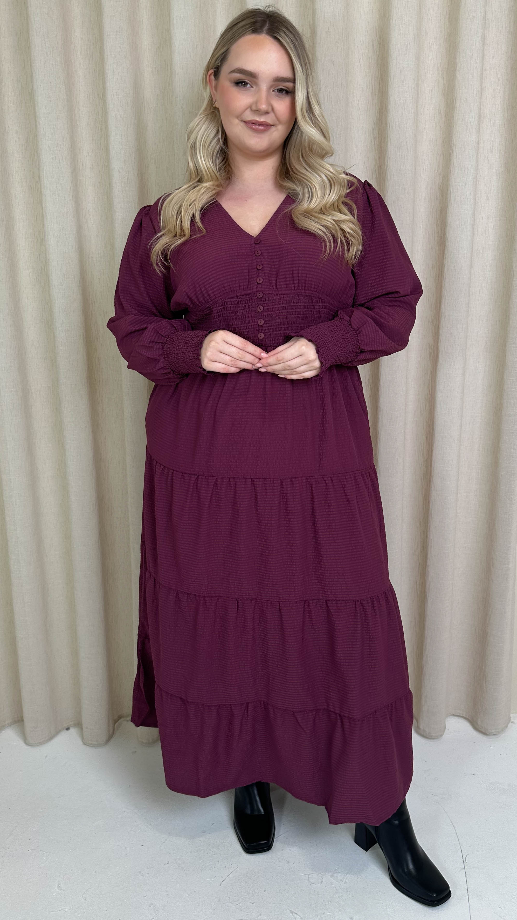 CurveWow Textured Button Front Shirred Waist Maxi Dress Plum