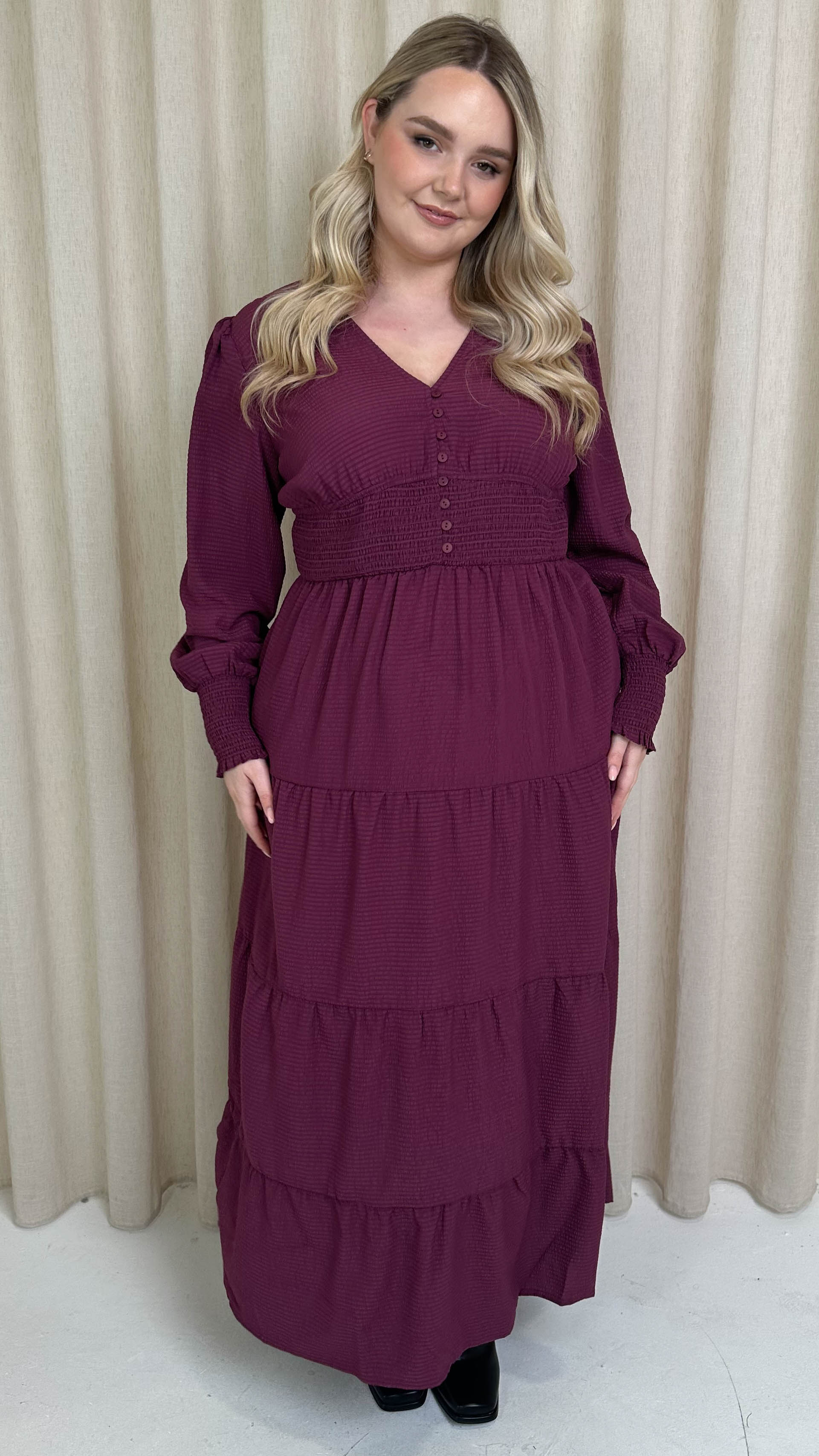 CurveWow Textured Button Front Shirred Waist Maxi Dress Plum